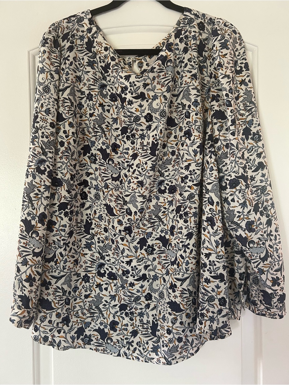 LOFT White Floral Blouse with Navy & Mustard Accents